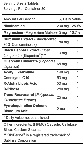 Advanced Mitochondrial Formula Supplement Facts Label